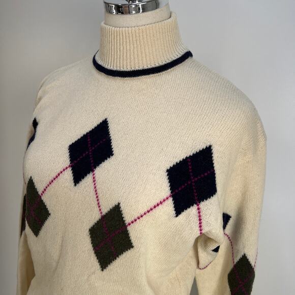 Vintage Liz Sport Wool Sweater Ivory Argyle Turtleneck - Picture 2 of 8